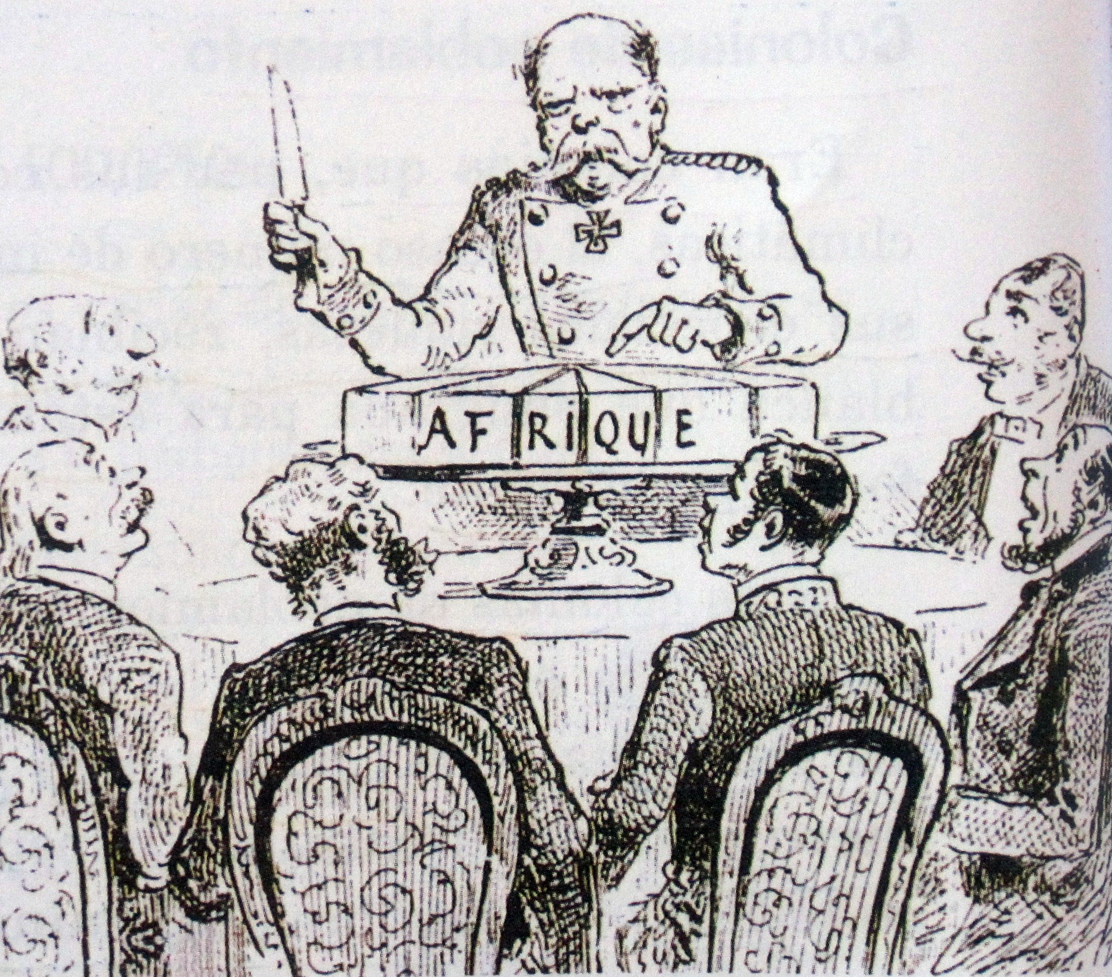 Caricatura de 1885: Bismarck corta un pastel que representa África ante los representantes de las potencias europeas.