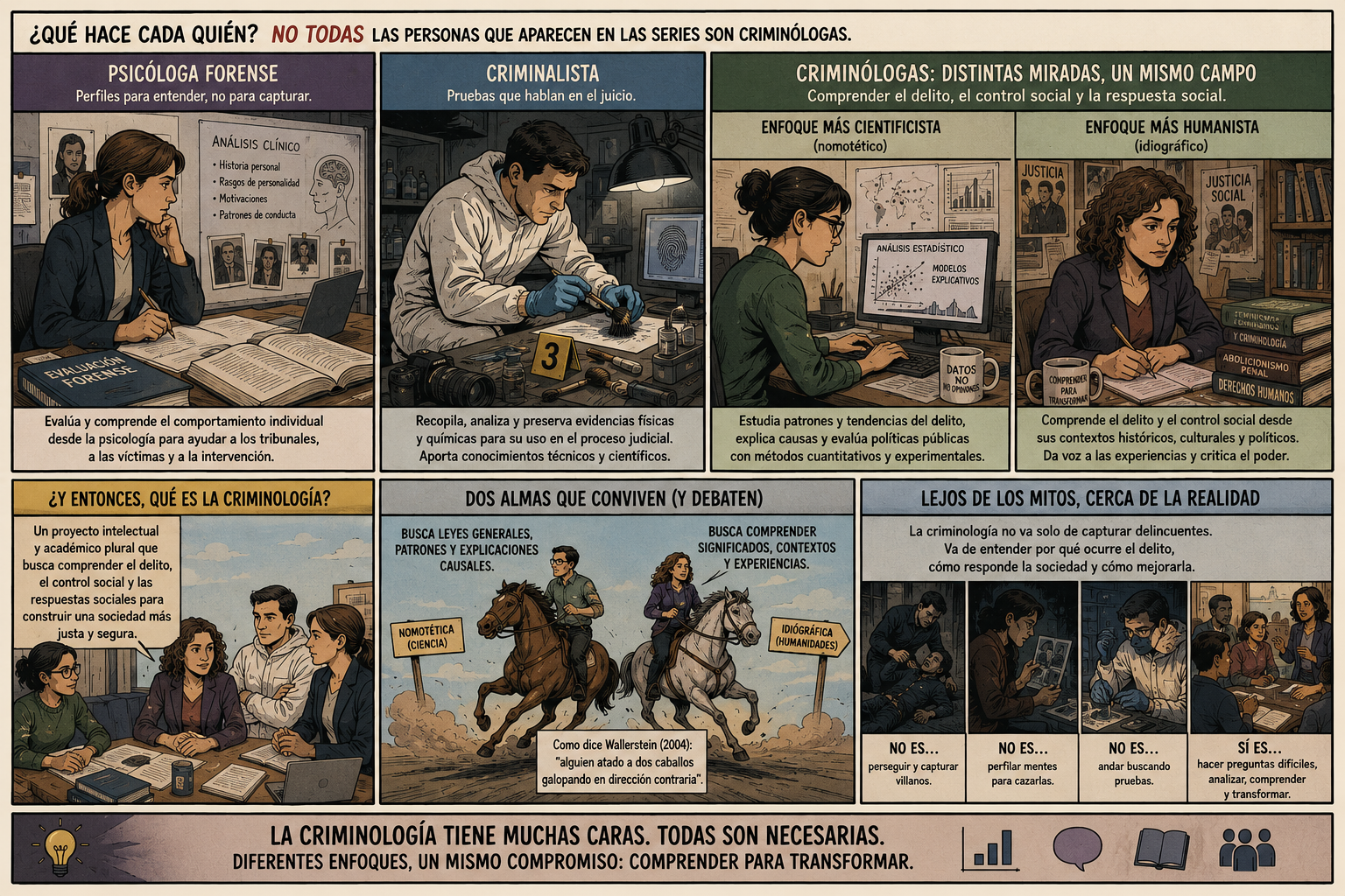 Infografía en viñetas. Arriba, tres bloques comparan a la psicóloga forense, que evalúa el comportamiento individual para los tribunales y la intervención; a la criminalista, que recopila y analiza evidencias físicas y químicas para el proceso judicial; y a las criminólogas, divididas en un enfoque nomotético, que estudia patrones y causas con métodos cuantitativos, y uno idiográfico, que analiza el delito y el control social desde sus contextos históricos, culturales y políticos. Abajo, un panel define la criminología como proyecto intelectual plural; otro representa las dos almas de la disciplina como dos jinetes atados a caballos que galopan en direcciones contrarias, con una cita de Wallerstein de 2004; y un tercero aclara que la criminología no es perseguir villanos, ni perfilar mentes, ni buscar pruebas, sino hacer preguntas difíciles, analizar, comprender y transformar. Un pie de página recuerda que la criminología tiene muchas caras y que todas comparten el compromiso de comprender para transformar.