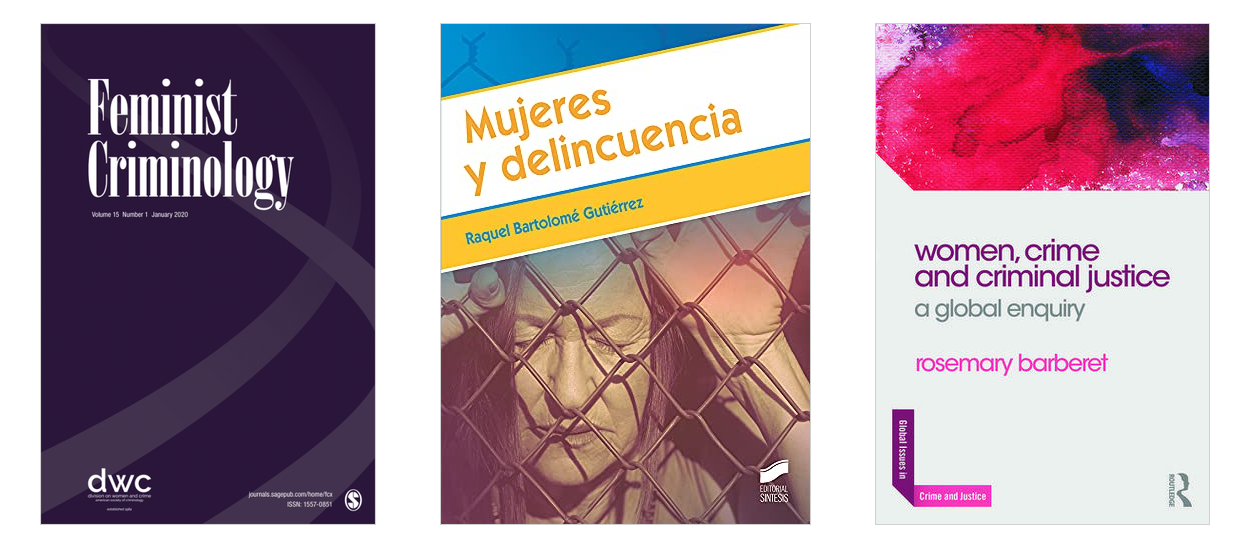 Montaje con tres cubiertas. A la izquierda, la revista Feminist Criminology, de fondo morado con el título en tipografía serif blanca y el logotipo de la Division on Women and Crime. En el centro, Mujeres y delincuencia, de Raquel Bartolomé Gutiérrez, con bandas amarillas y azules sobre la fotografía de una mujer tras una valla metálica. A la derecha, Women, Crime and Criminal Justice: A Global Enquiry, de Rosemary Barberet, con una mancha de acuarela en rosa y magenta sobre fondo gris claro.