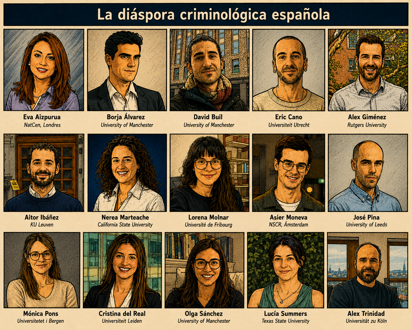 Montaje titulado «La diáspora criminológica española» con quince retratos dispuestos en tres filas de cinco. Bajo cada retrato figuran el nombre y la institución. En orden: Eva Aizpurua, NatCen, Londres; Borja Álvarez, University of Manchester; David Buil, University of Manchester; Eric Cano, Universiteit Utrecht; Alex Giménez, Rutgers University; Aitor Ibáñez, KU Leuven; Nerea Marteache, California State University; Lorena Molnar, Université de Fribourg; Asier Moneva, NSCR, Ámsterdam; José Pina, University of Leeds; Mònica Pons, Universitetet i Bergen; Cristina del Real, Universiteit Leiden; Olga Sánchez, University of Manchester; Lucía Summers, Texas State University; y Alex Trinidad, Universität zu Köln.