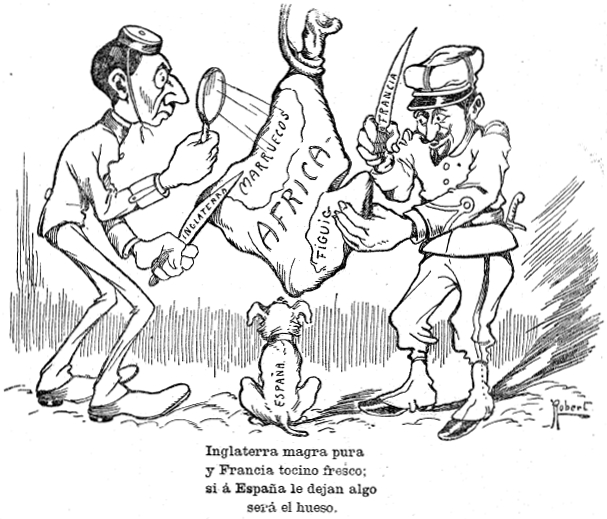 Caricatura de prensa de 1903 en la que Inglaterra y Francia se reparten una pieza mientras a España le queda el hueso.
