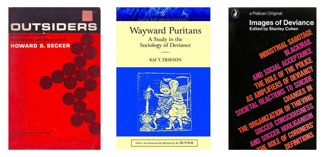 Montaje con tres cubiertas de libros. A la izquierda, Outsiders: Studies in the Sociology of Deviance, de Howard S. Becker, de fondo rojo intenso con una franja negra en la cabecera y un racimo de círculos granates. En el centro, Wayward Puritans: A Study in the Sociology of Deviance, de Kai T. Erikson, con el título en tipografía serif sobre fondo crema y, debajo, un grabado antiguo de una figura esquelética alada sobre fondo azul. A la derecha, Images of Deviance, editado por Stanley Cohen para la colección Pelican, de fondo negro con los títulos de los capítulos escritos en diagonal en naranja y rosa.