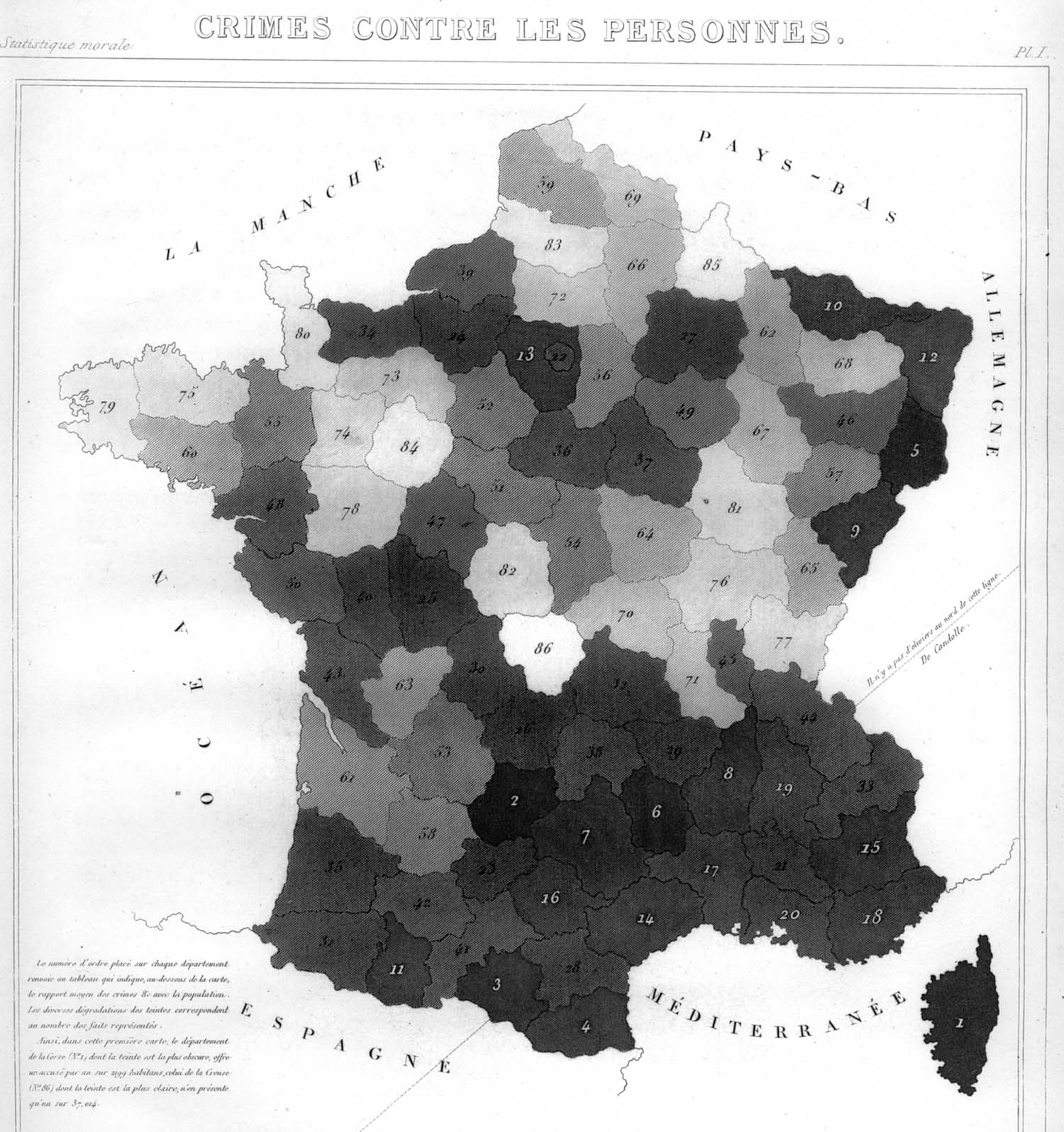 Mapa coropleto de Francia grabado en el siglo XIX, en tonos de gris. El territorio aparece dividido en departamentos, cada uno sombreado con una intensidad distinta y numerado con su posición en el ranking. Los departamentos del sur y del sureste, incluida Córcega, presentan los tonos más oscuros, mientras que buena parte del centro y del noroeste aparece en tonos claros. En la cabecera se lee «Crimes contre les personnes», y en los márgenes figuran los nombres de los países y mares limítrofes: La Mancha, Países Bajos, Alemania, España, el Mediterráneo y el océano. En el ángulo inferior izquierdo, una nota explica que el número de cada departamento indica su lugar en la escala y que los más oscuros son los de mayor criminalidad.