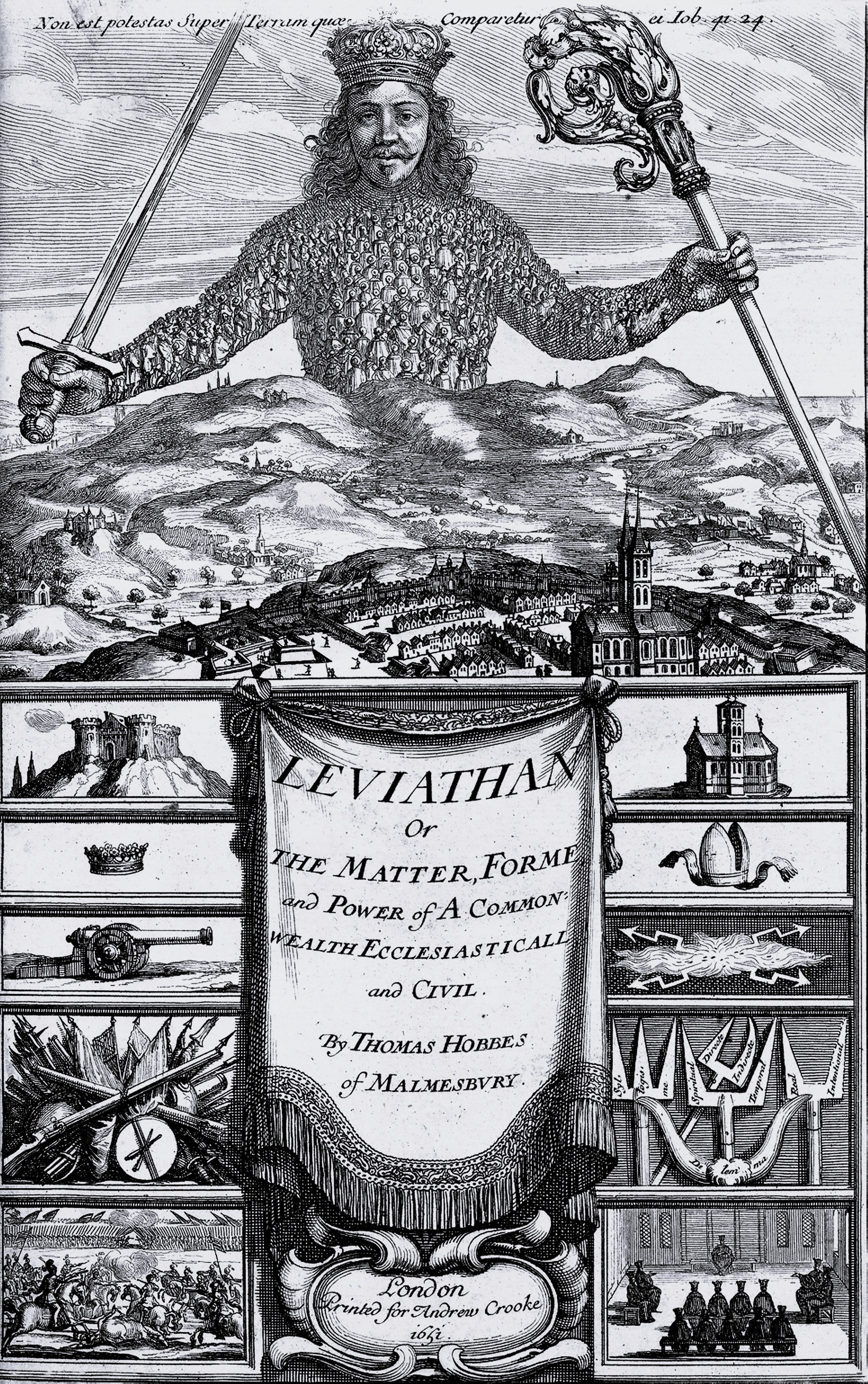 Frontispicio grabado del Leviatán de Thomas Hobbes. En la mitad superior, la figura gigante de un soberano coronado emerge tras un paisaje de colinas y una ciudad amurallada; su torso y sus brazos están formados por centenares de pequeñas figuras humanas de espaldas al espectador. Empuña una espada en la mano derecha y un báculo episcopal en la izquierda. Sobre él, una inscripción latina tomada del libro de Job. En la mitad inferior, el título del libro flanqueado por dos columnas de cinco viñetas: a la izquierda un castillo, una corona, un cañón, un montón de armas y una batalla; a la derecha una iglesia, una mitra, unos rayos, unos instrumentos bifurcados y una asamblea de eclesiásticos sentados.