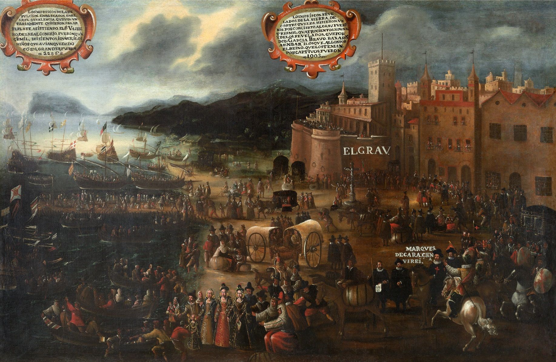 Óleo del siglo XVII: multitud de moriscos con fardos y enseres embarcando en el puerto de Valencia, vigilados por soldados.