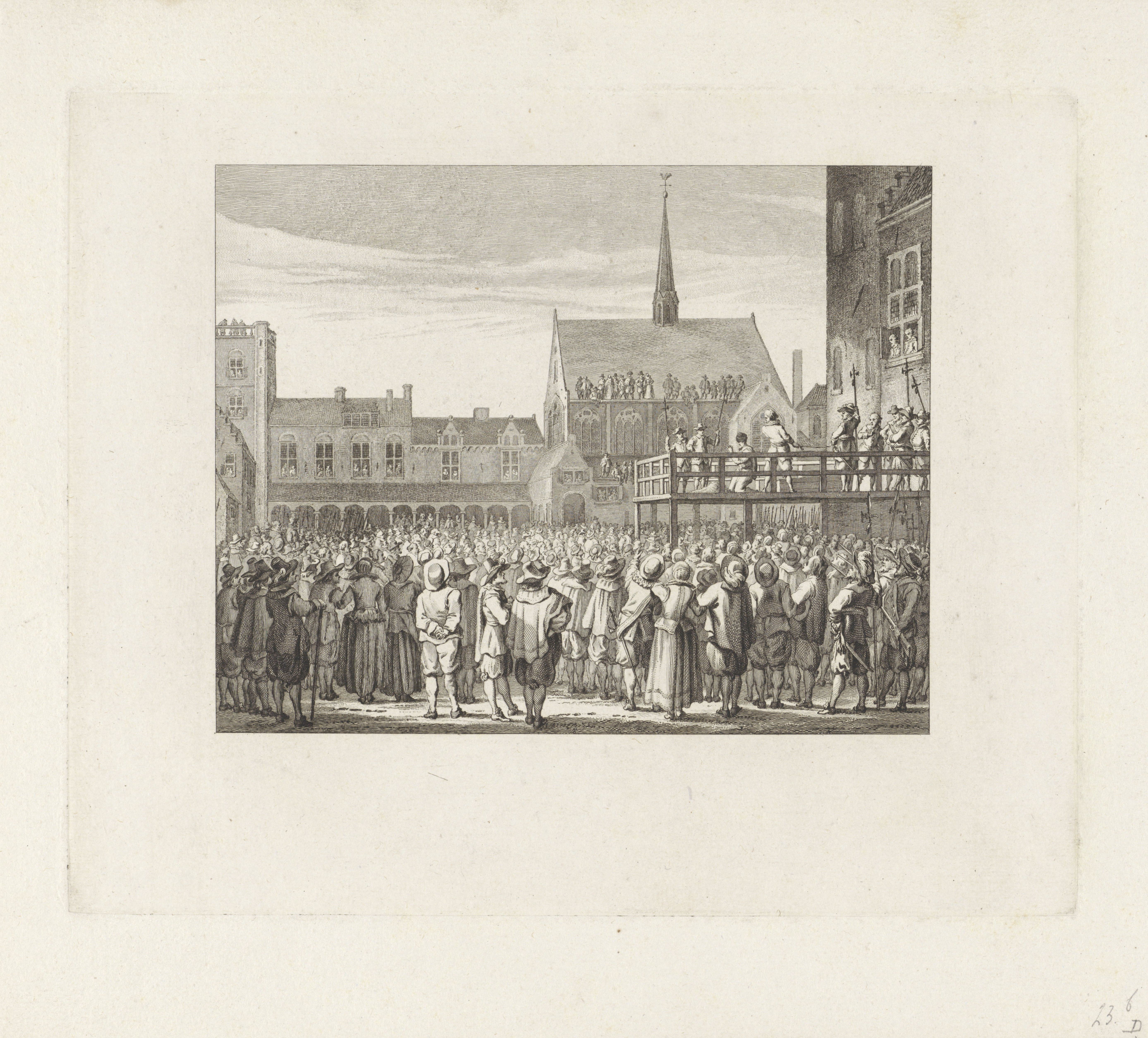Grabado que representa la ejecución de Johan van Oldenbarnevelt en el Binnenhof de La Haya en 1619. En el centro de una plaza se alza un patíbulo de madera elevado sobre el que se distingue al condenado arrodillado y al verdugo. Alrededor, una multitud compacta de espectadores llena la plaza; al fondo, los edificios del palacio y la torre de una iglesia. Varias figuras observan desde ventanas y tejados.