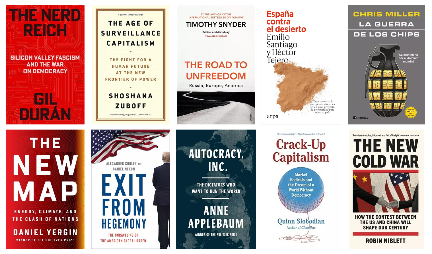 Mosaico de diez cubiertas de libros recientes sobre geopolítica, tecnología, autocracia y clima.
