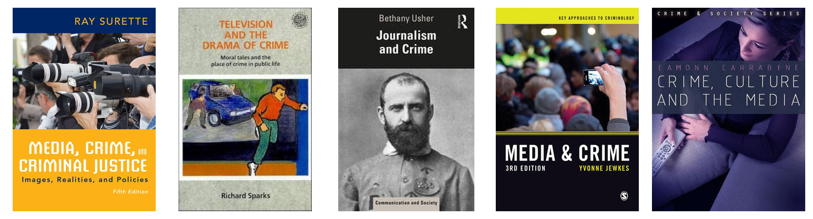 Cubiertas de Media, Crime, and Criminal Justice, de Surette; Television and the Drama of Crime, de Sparks; Journalism and Crime, de Usher; Media & Crime, de Jewkes; y Crime, Culture and the Media, de Carrabine.
