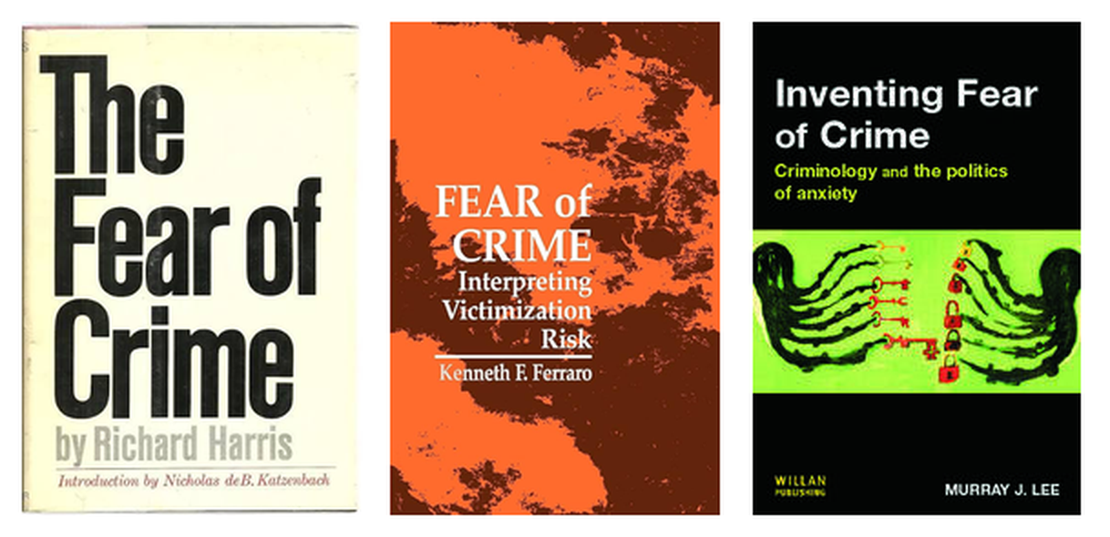 Cubiertas de The Fear of Crime, de Richard Harris; Fear of Crime, de Kenneth F. Ferraro; e Inventing Fear of Crime, de Murray J. Lee.