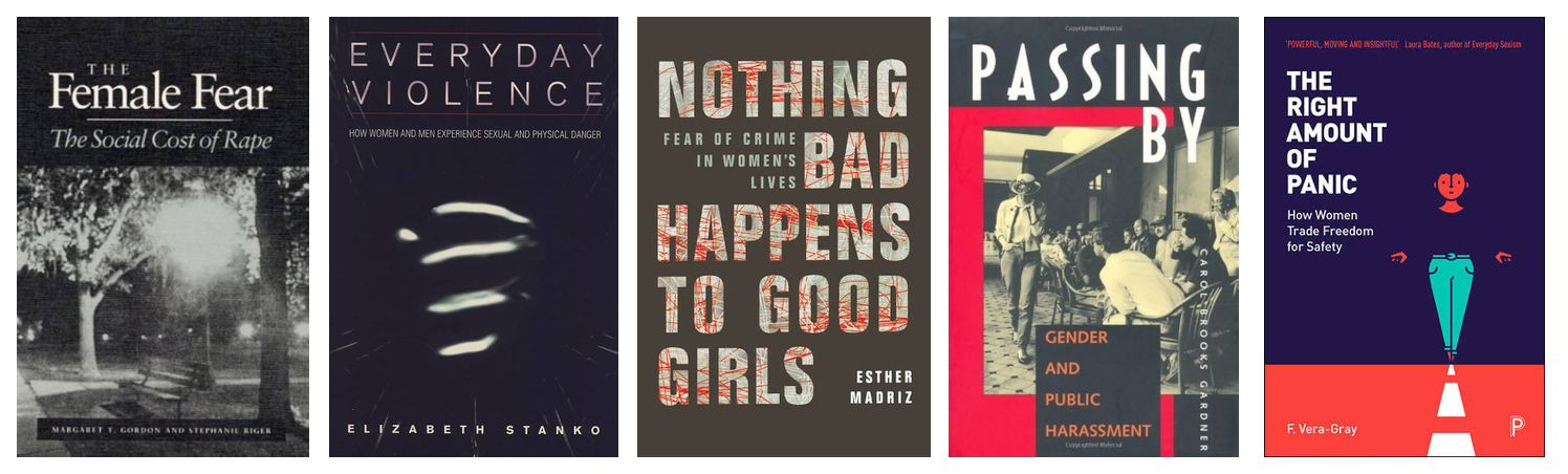 Cubiertas de The Female Fear, de Gordon y Riger; Everyday Violence, de Stanko; Nothing Bad Happens to Good Girls, de Madriz; Passing By, de Gardner; y The Right Amount of Panic, de Vera-Gray.