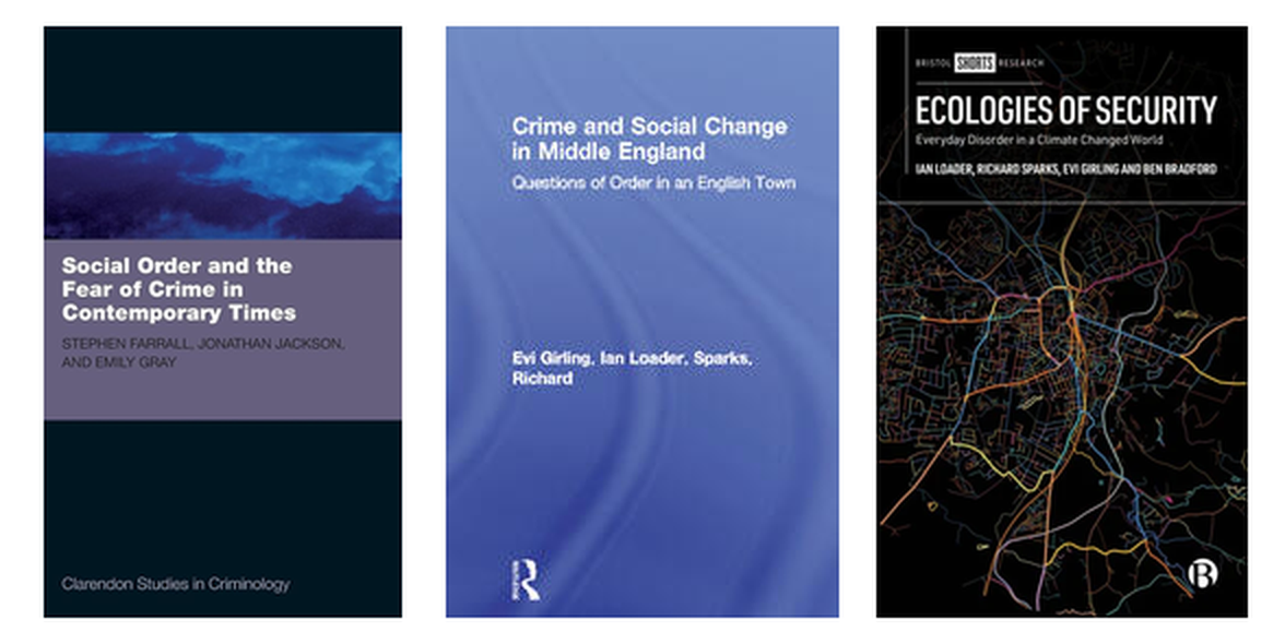 Cubiertas de Social Order and the Fear of Crime in Contemporary Times, de Farrall, Jackson y Gray; Crime and Social Change in Middle England, de Girling, Loader y Sparks; y Ecologies of Security, de Loader, Sparks, Girling y Bradford.