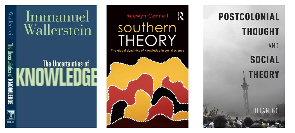 Cubiertas de The Uncertainties of Knowledge, de Wallerstein; Southern Theory, de Connell; y Postcolonial Thought and Social Theory, de Go.
