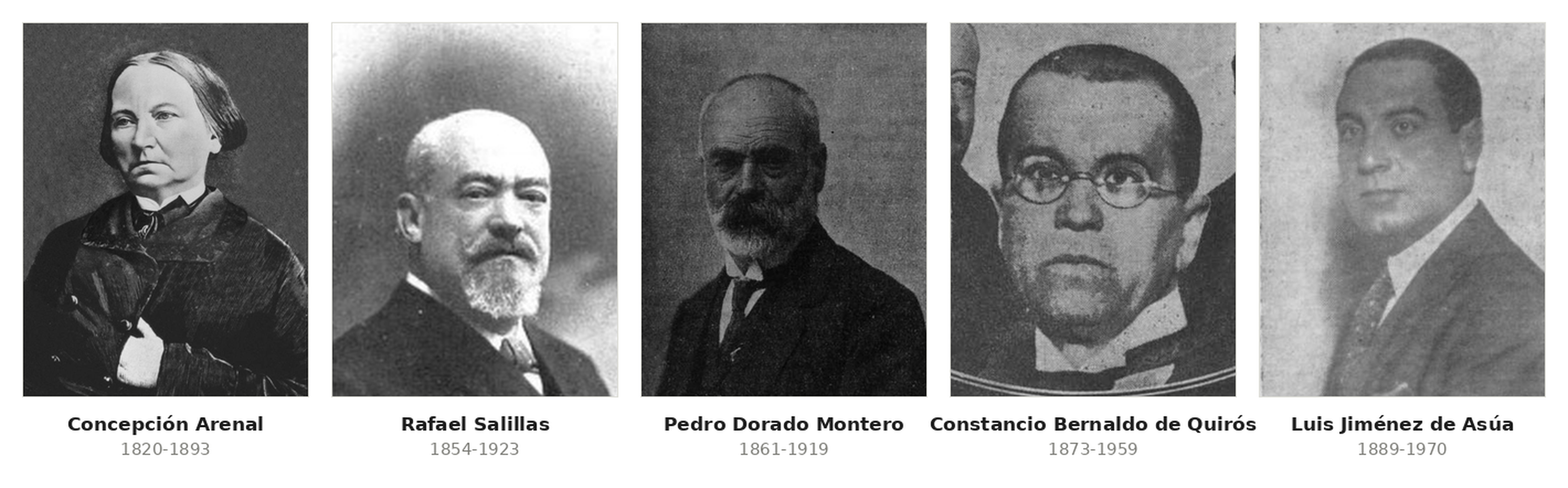 Cinco retratos en blanco y negro: Concepción Arenal, Rafael Salillas, Pedro Dorado Montero, Constancio Bernaldo de Quirós y Luis Jiménez de Asúa.