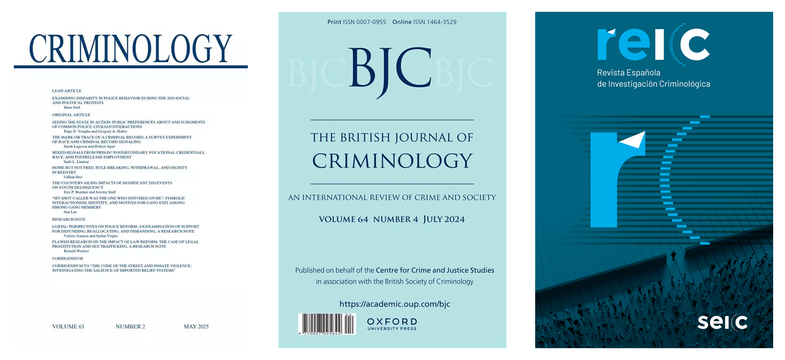 Montaje con las cubiertas de tres revistas de criminología. A la izquierda, Criminology, con fondo blanco y el sumario del número impreso en tipografía pequeña. En el centro, The British Journal of Criminology, de fondo azul claro, editada por Oxford University Press por cuenta del Centre for Crime and Justice Studies. A la derecha, la Revista Española de Investigación Criminológica, de fondo azul oscuro, con una fotografía cenital de una multitud cruzando una plaza y el logotipo de la SEIC.