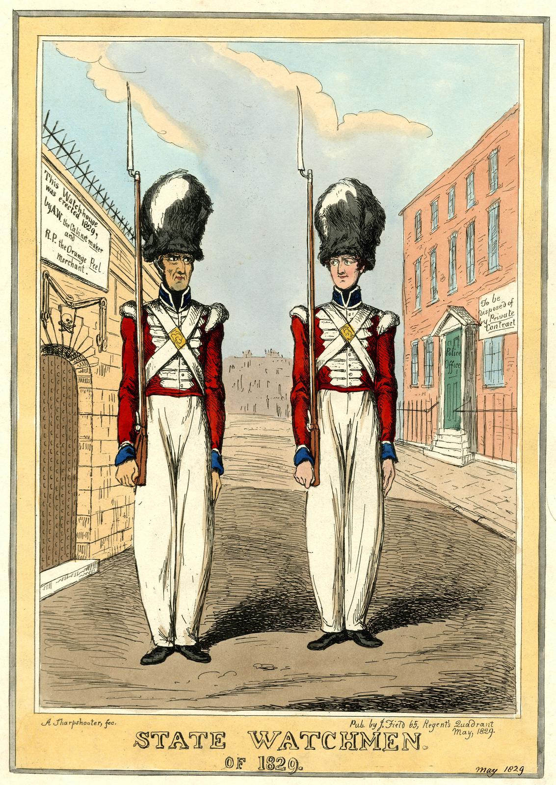 Grabado satírico coloreado a mano. Dos hombres de mediana edad, con los rasgos caricaturizados de Wellington y Peel, aparecen de pie y firmes en mitad de una calle, vestidos de granaderos: gorro alto de piel de oso, casaca roja con correajes blancos cruzados y pantalón blanco. Cada uno sujeta un fusil con la bayoneta calada. A la izquierda se ve un muro de prisión rematado con pinchos y una puerta reforzada con clavos; a la derecha, la fachada de una casa de ladrillo. Al pie, el título «State Watchmen. Of 1829».
