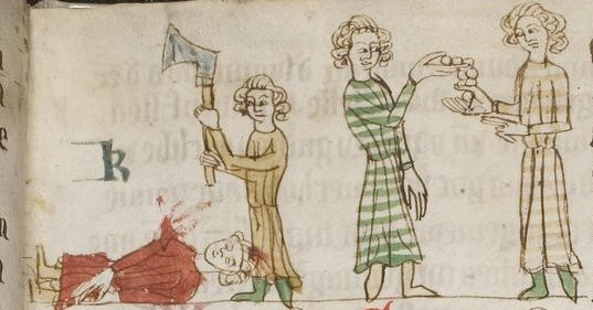 Miniatura medieval en dos registros: en el superior, la muerte violenta de una persona; en el inferior, la entrega de una compensación económica.